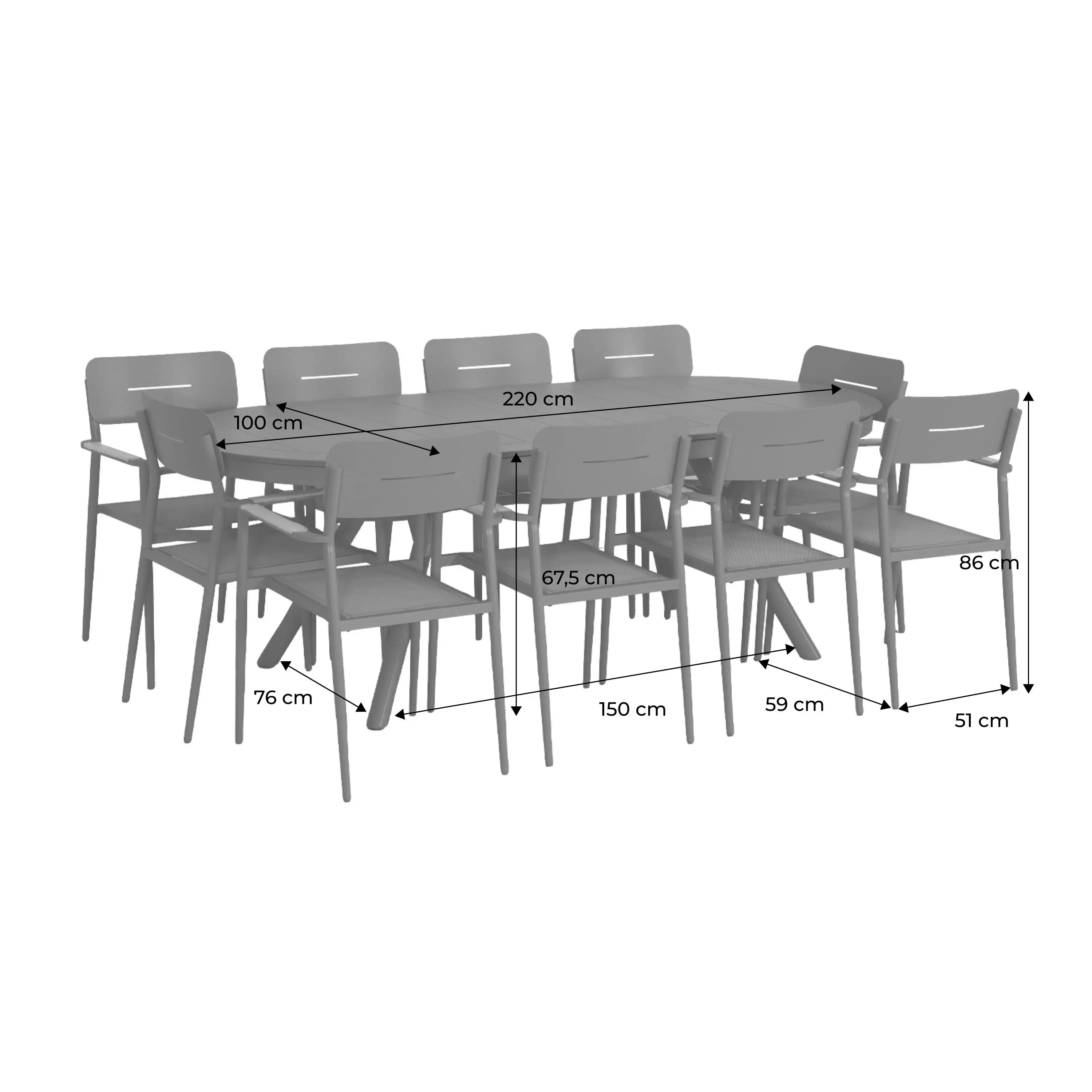 Table de jardin ovale extensible aluminium + 10 assises