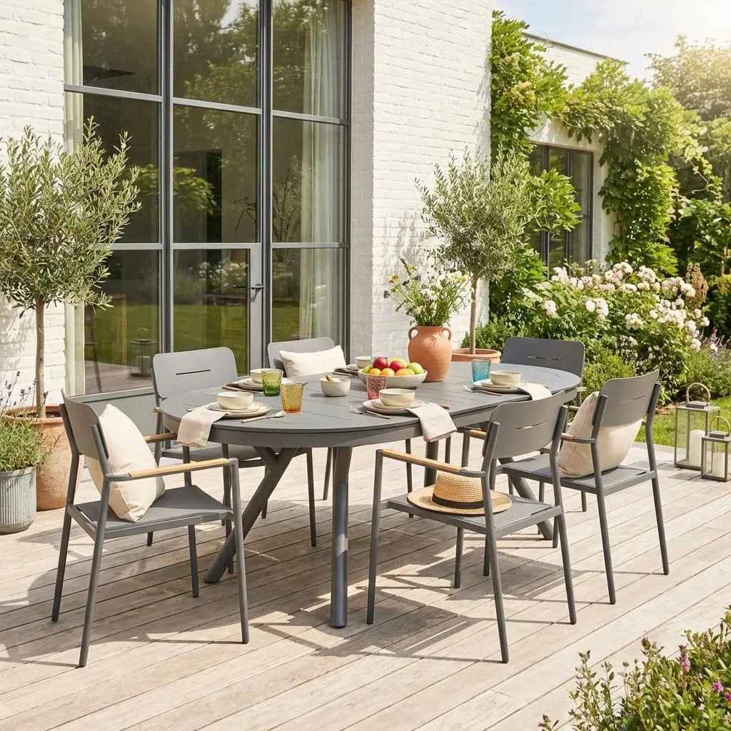 Table de jardin ovale extensible aluminium + 6 assises