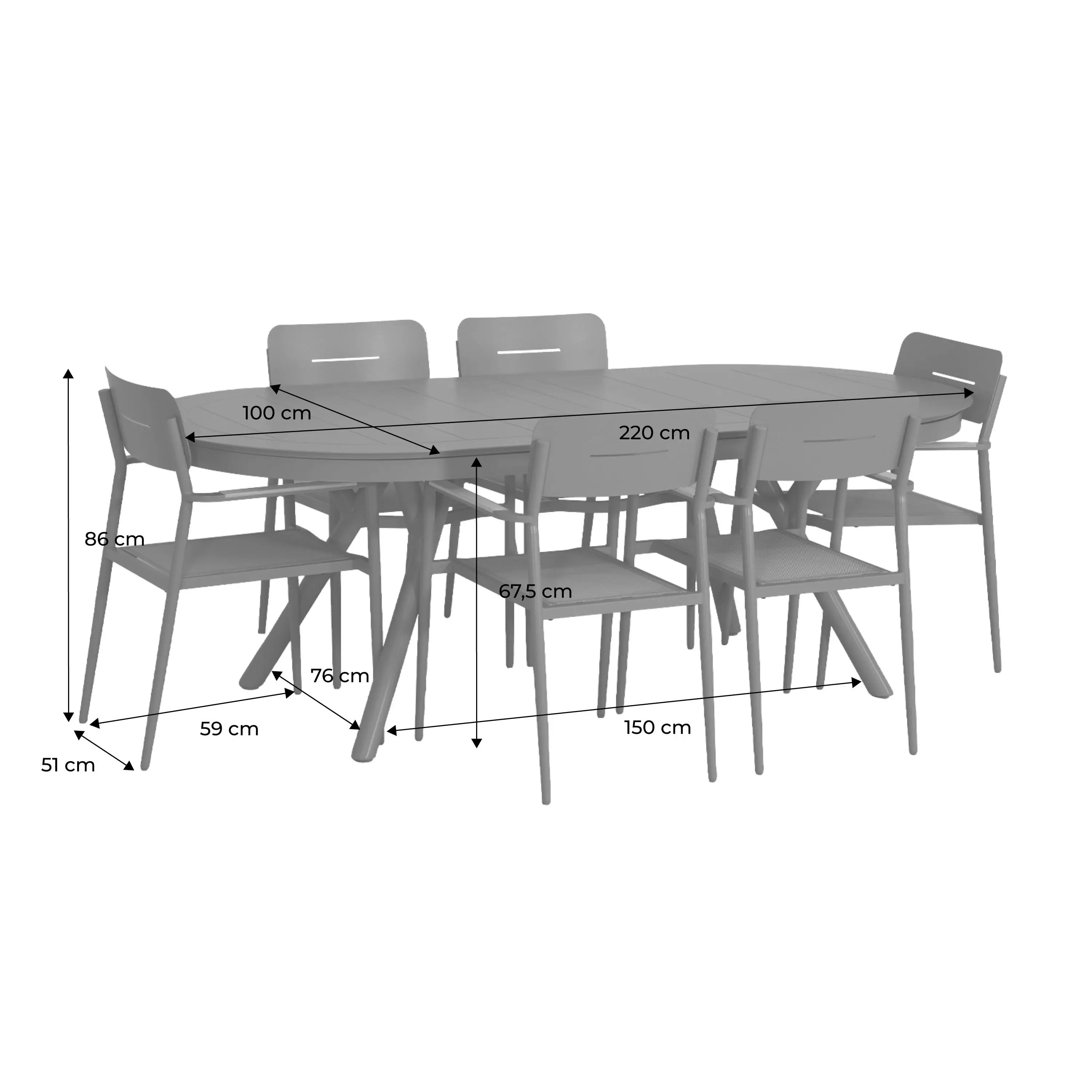 Table de jardin ovale extensible aluminium + 6 assises