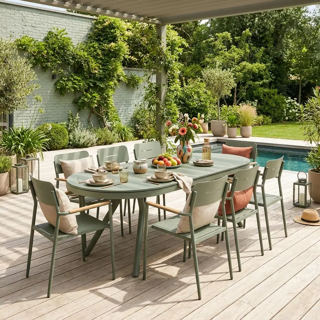 Table de jardin ovale extensible aluminium + 8 assises