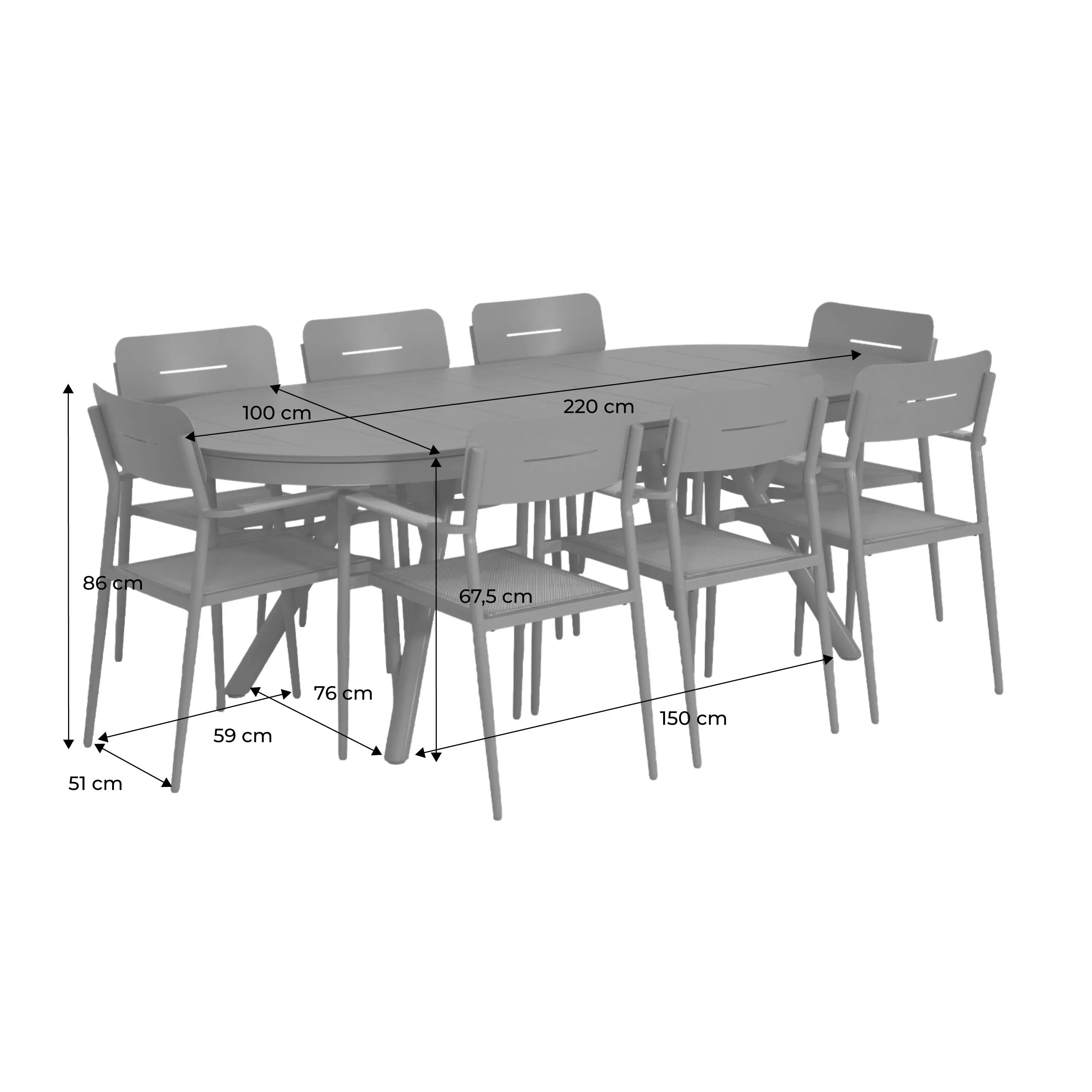 Table de jardin ovale extensible aluminium + 8 assises