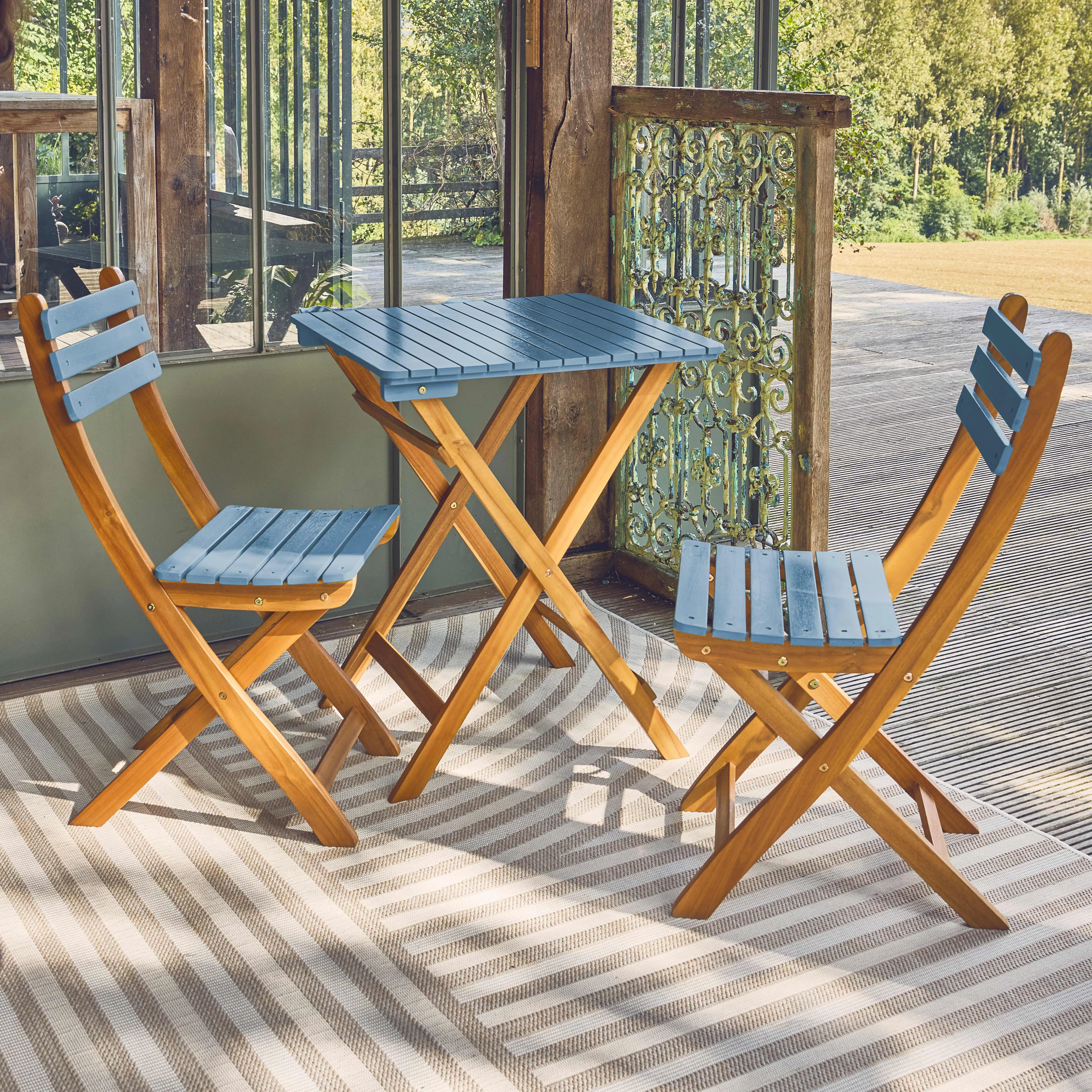 Table de jardin pliante bois d'acacia + 2 assises