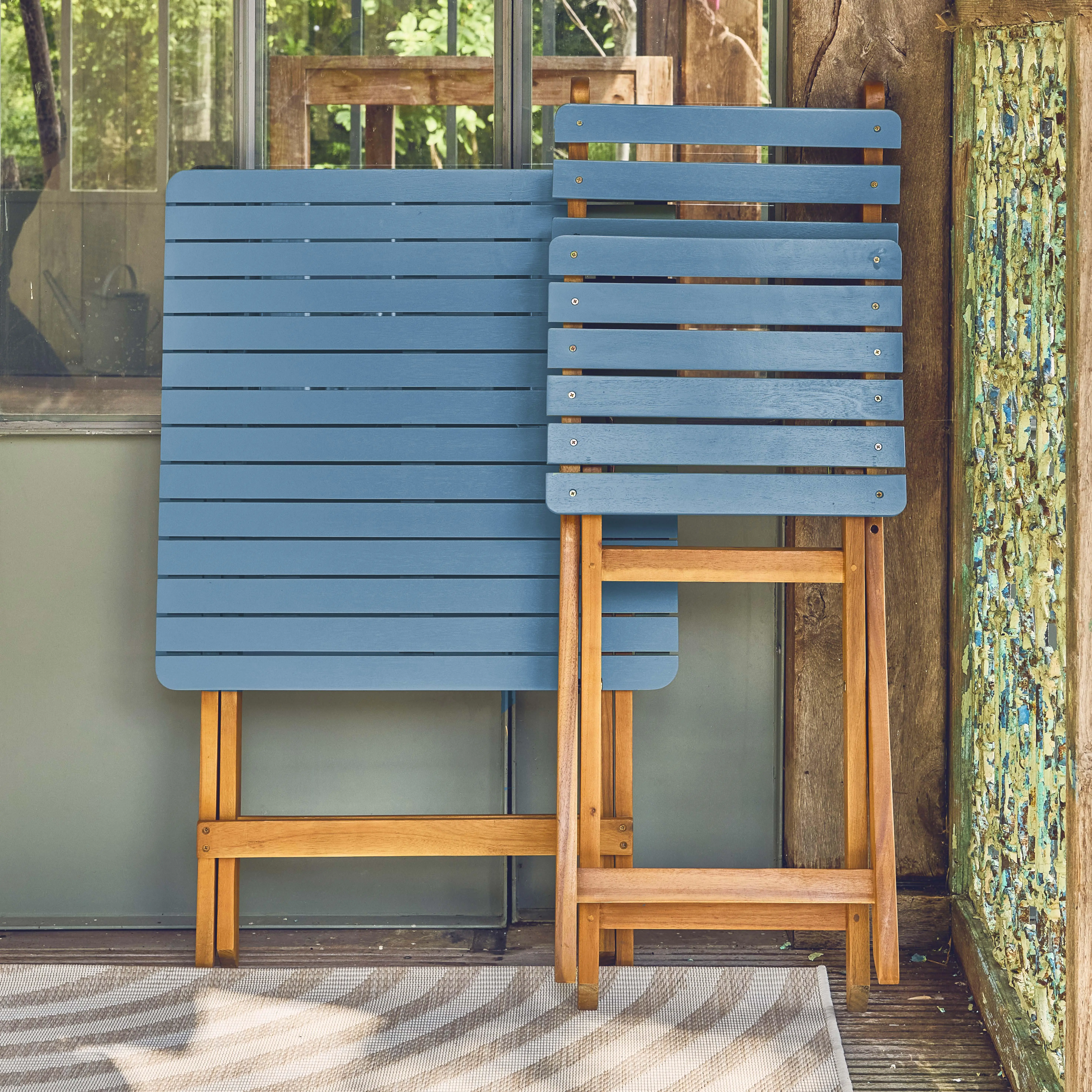 Table de jardin pliante bois d'acacia + 2 assises
