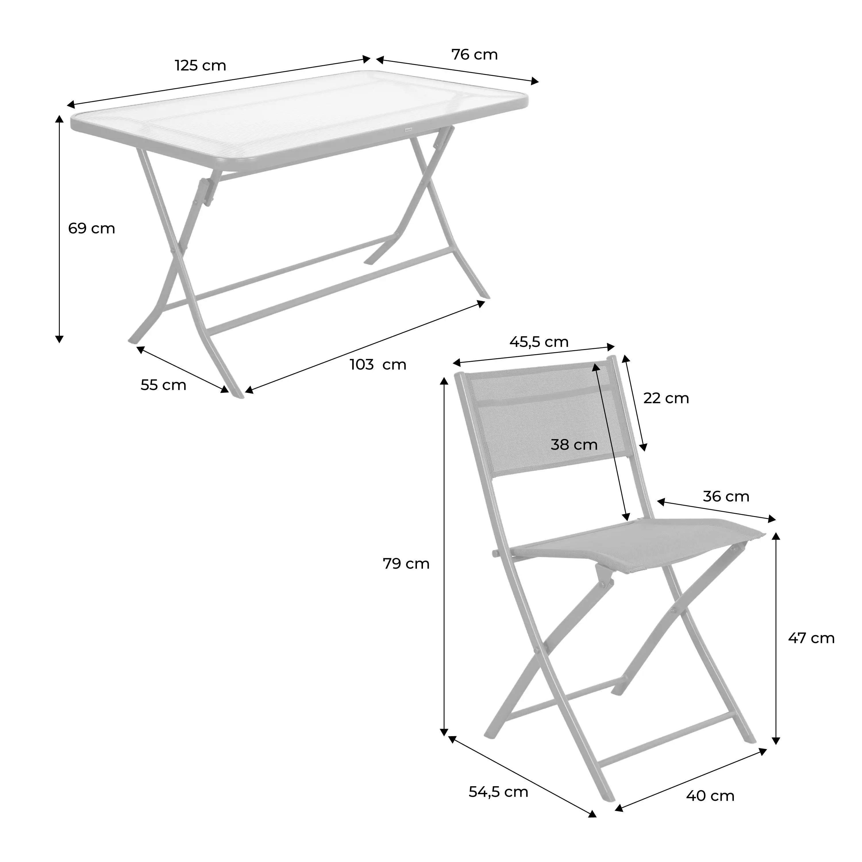 Table de jardin pliante acier + 4 assises
