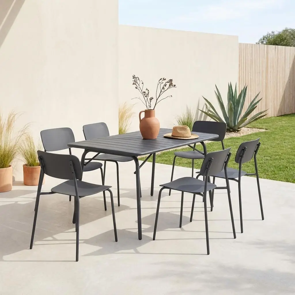 Table de jardin pliante métal + 6 assises