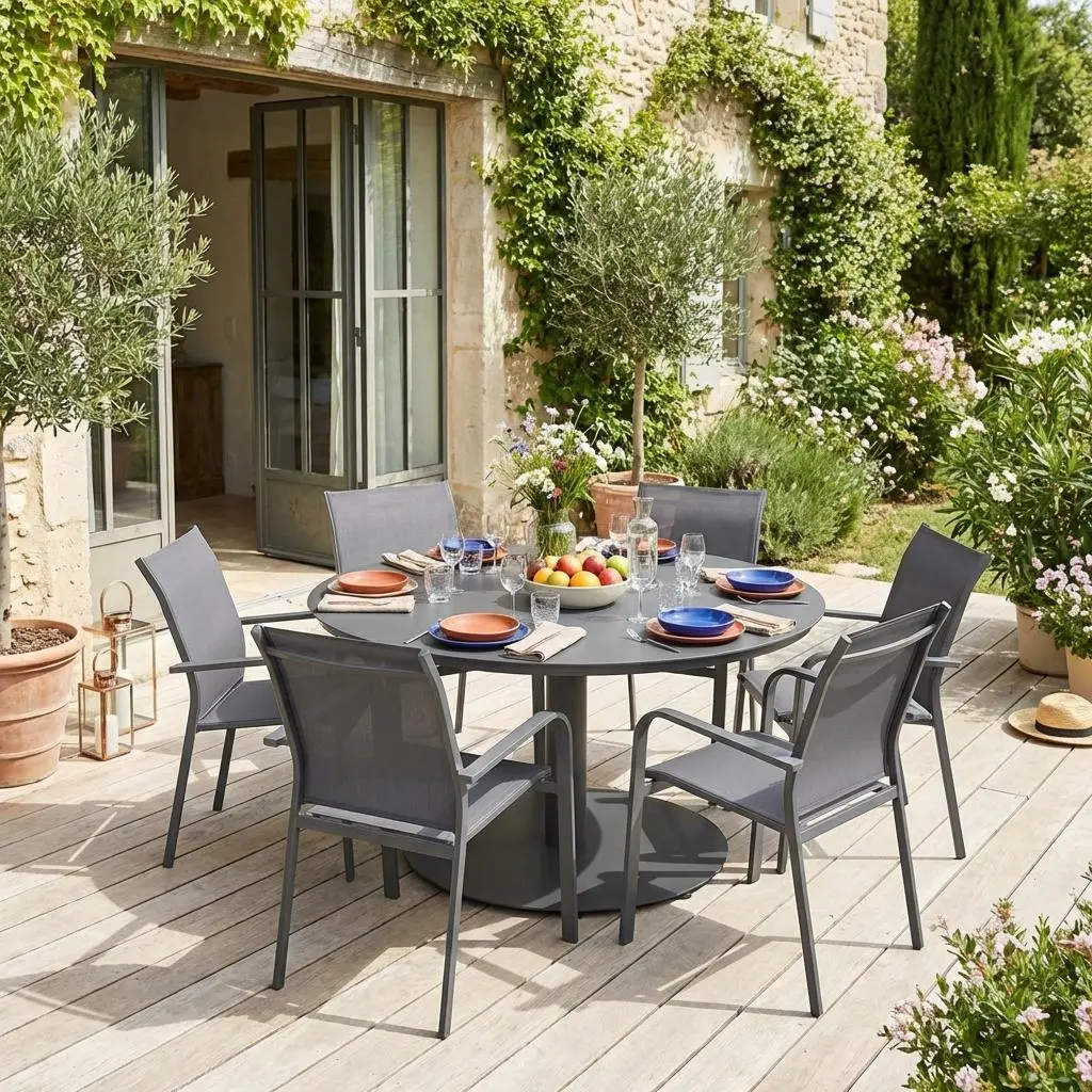 Table de jardin ronde aluminium + 6 assises