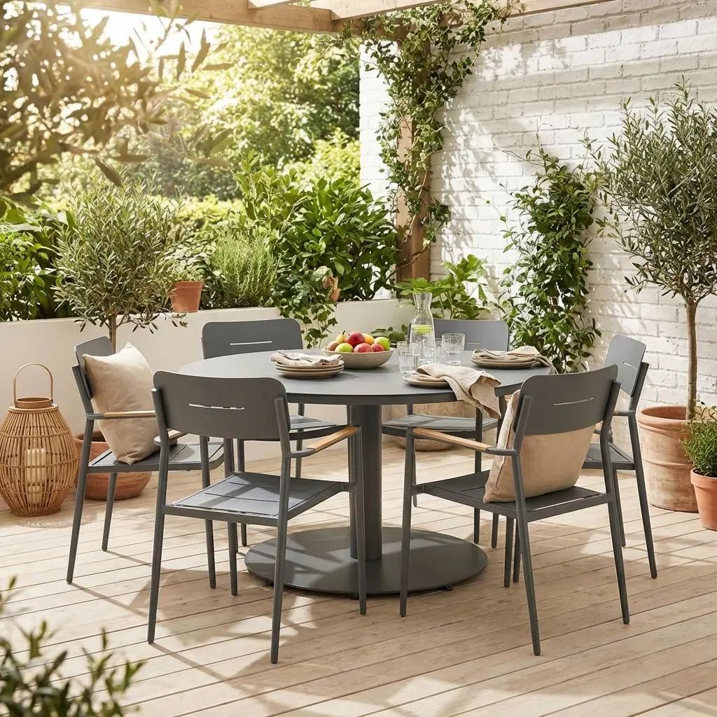 Table de jardin ronde aluminium + 6 assises
