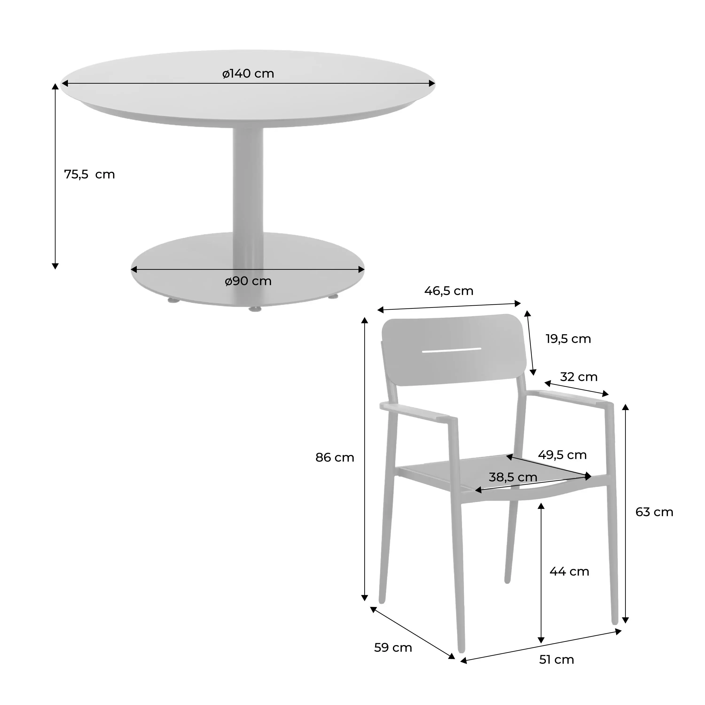 Table de jardin ronde aluminium + 6 assises
