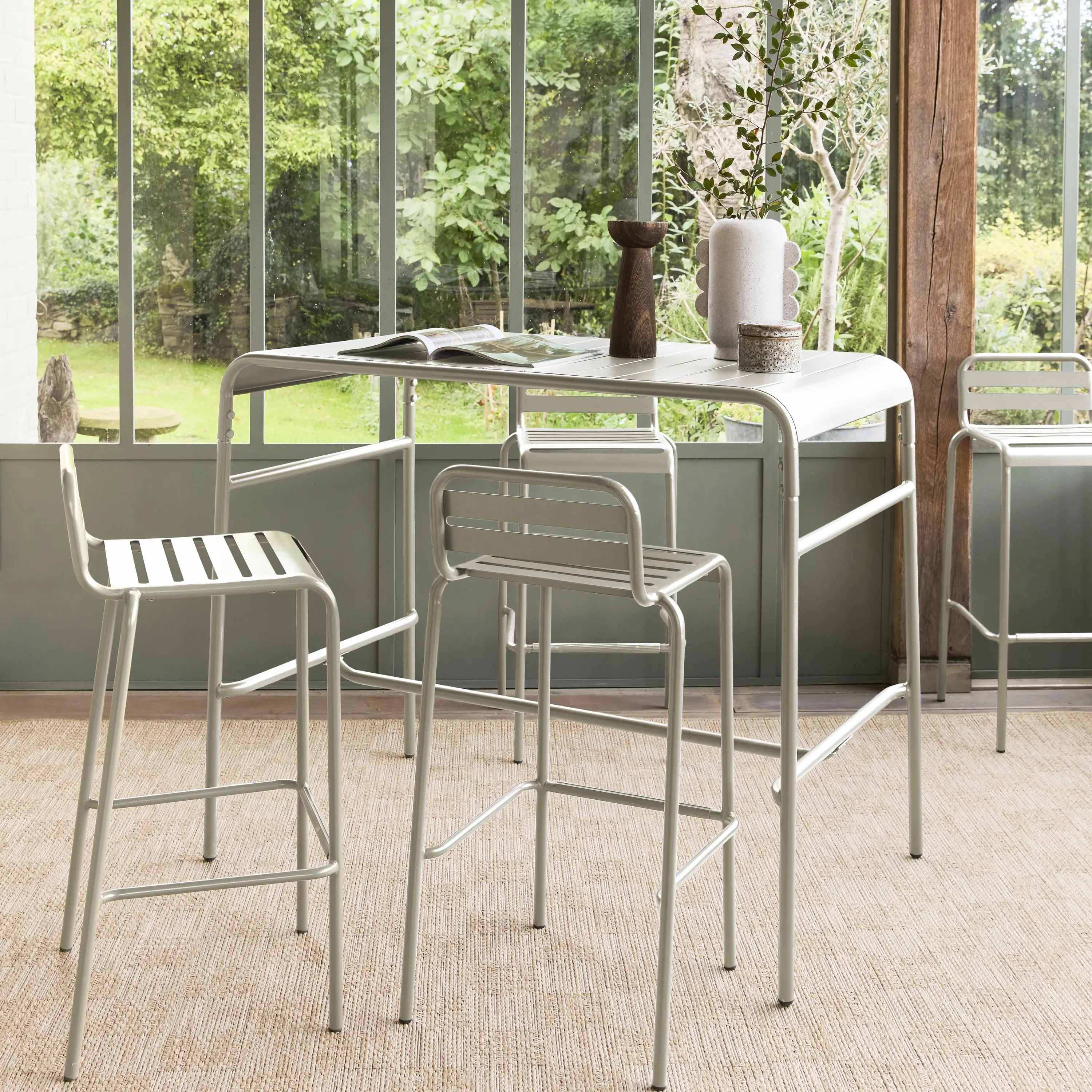 Table haute de jardin acier + 4 assises