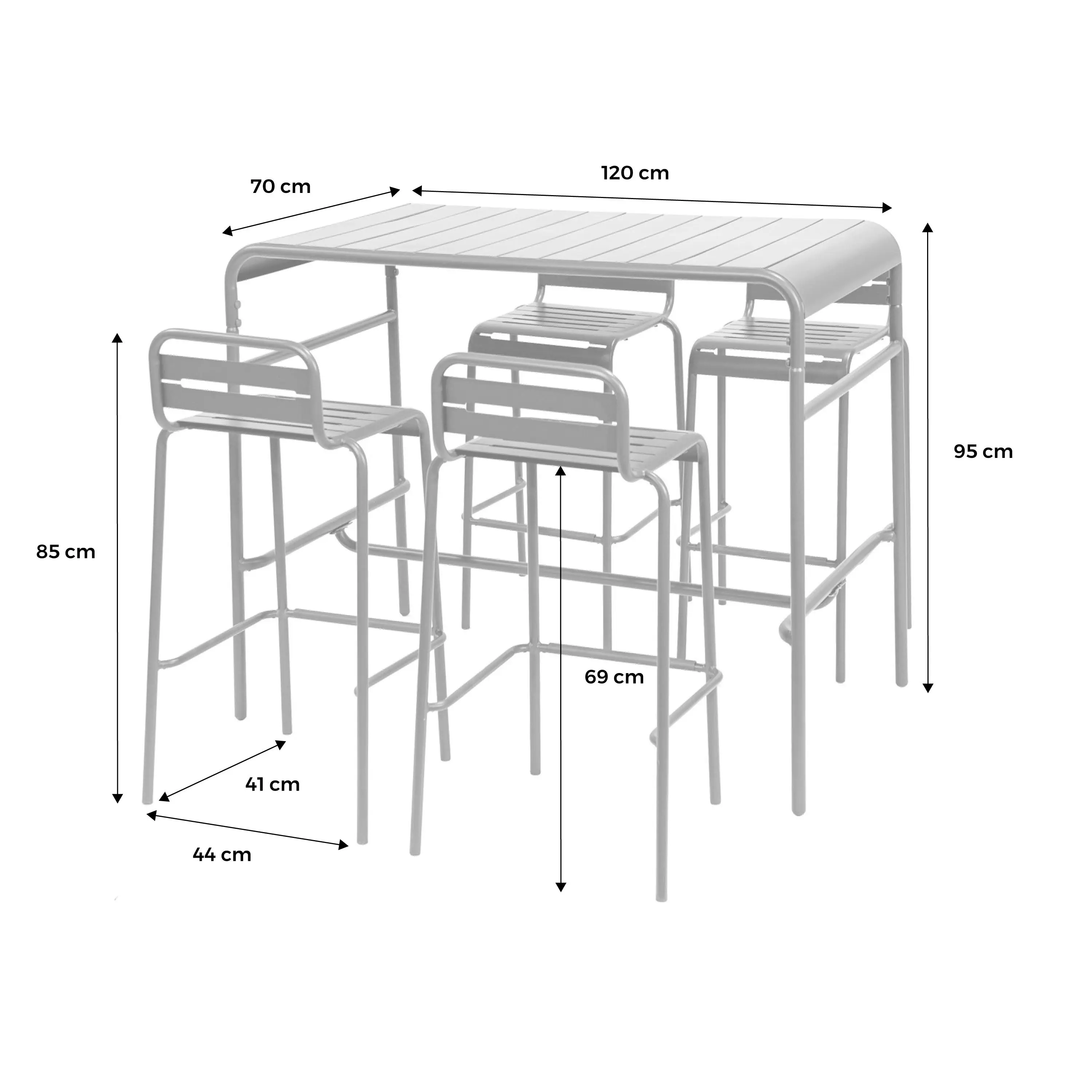 Table haute de jardin acier + 4 assises