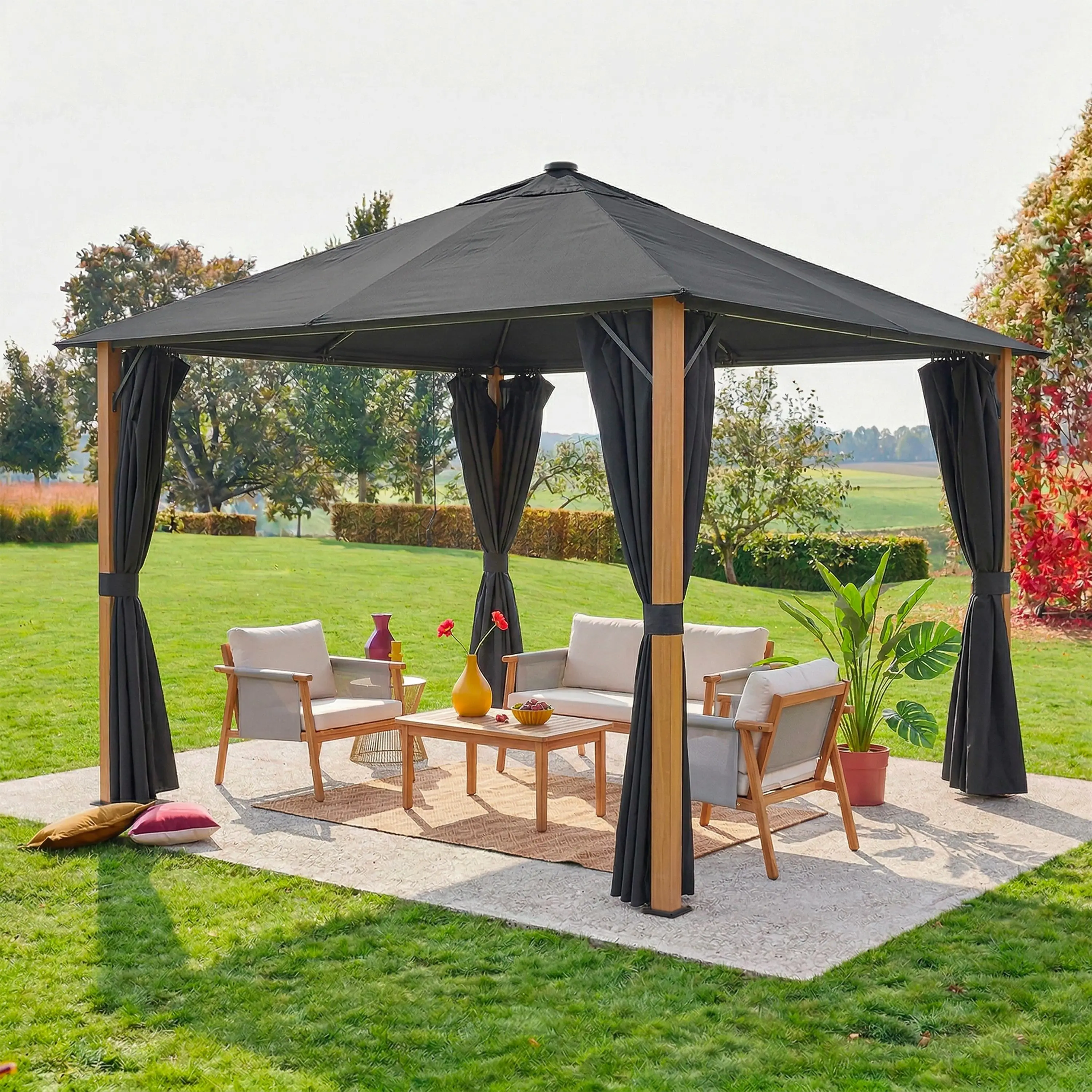 Tonnelle 3x3m aluminium effet bois avec rideaux et led