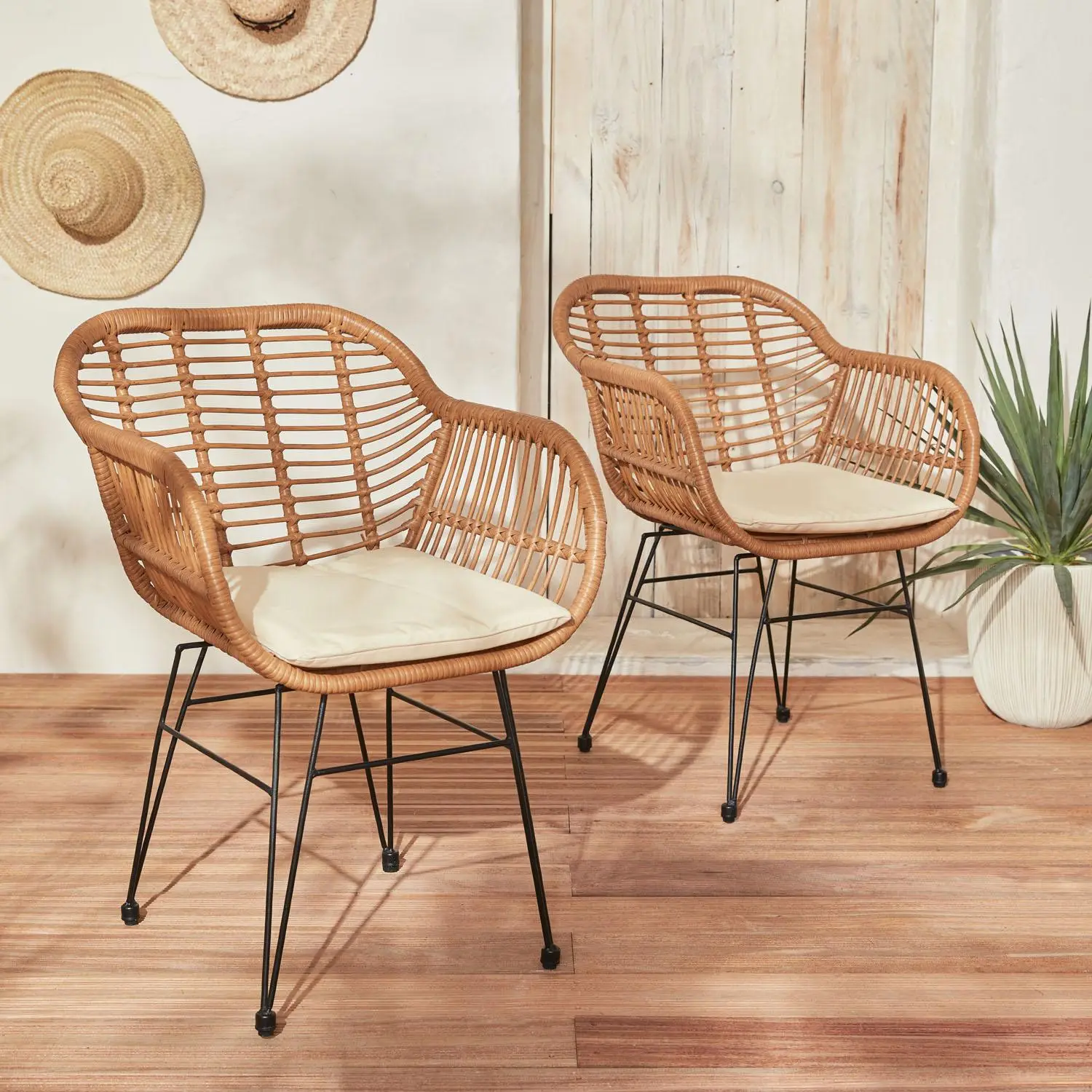 Fauteuil de jardin effet rotin résine et métal (lot de 2)