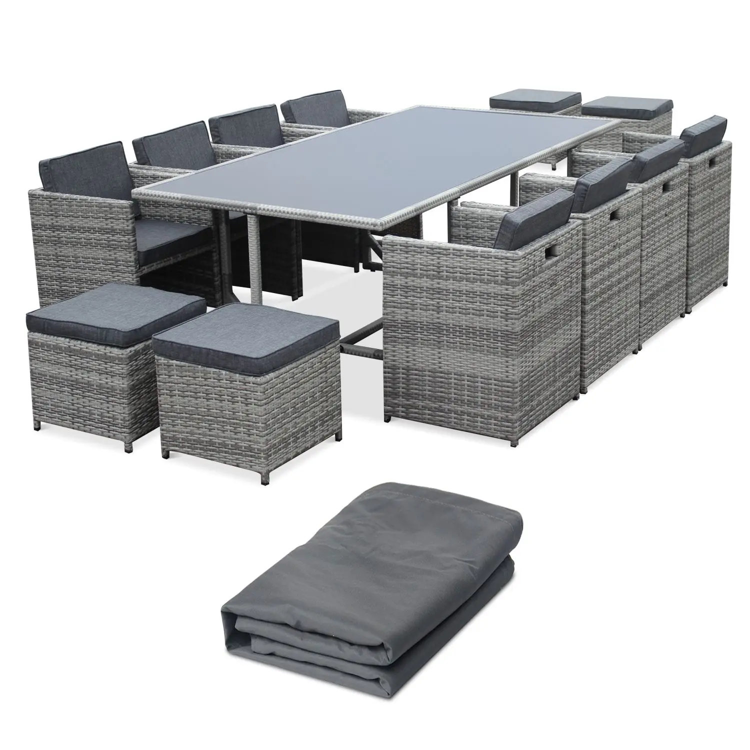 Table de jardin acier et résine tressée +12 assises + Housse de protection