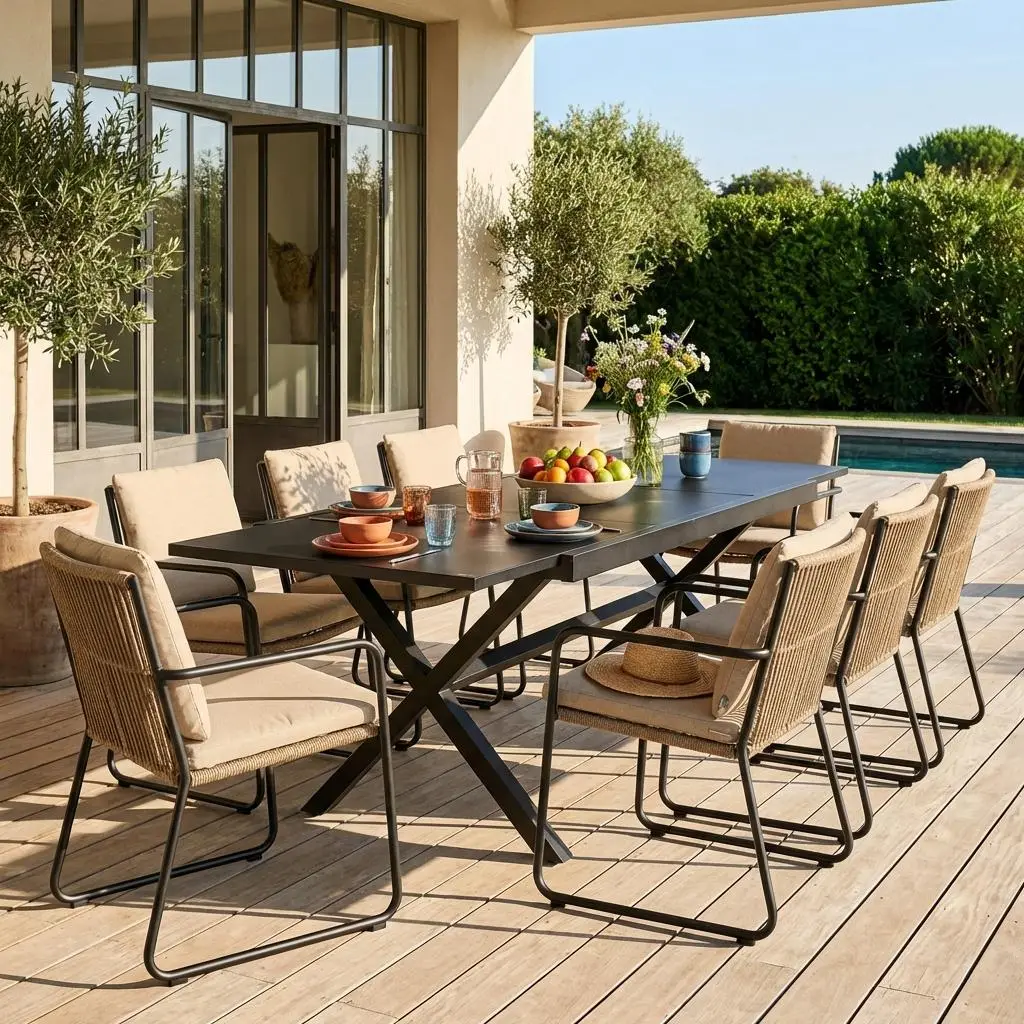 Table de jardin extensible aluminium et verre 8 places