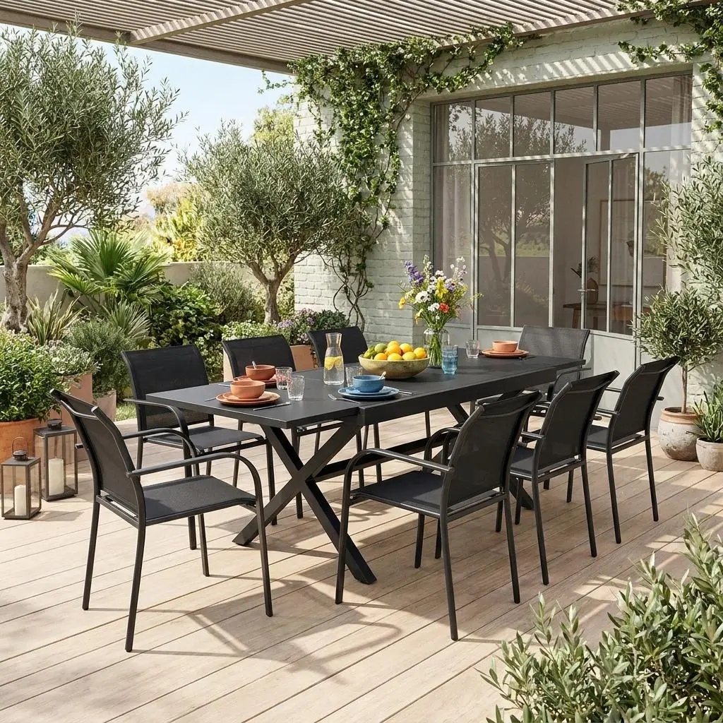 Table de jardin extensible aluminium + 8 assises