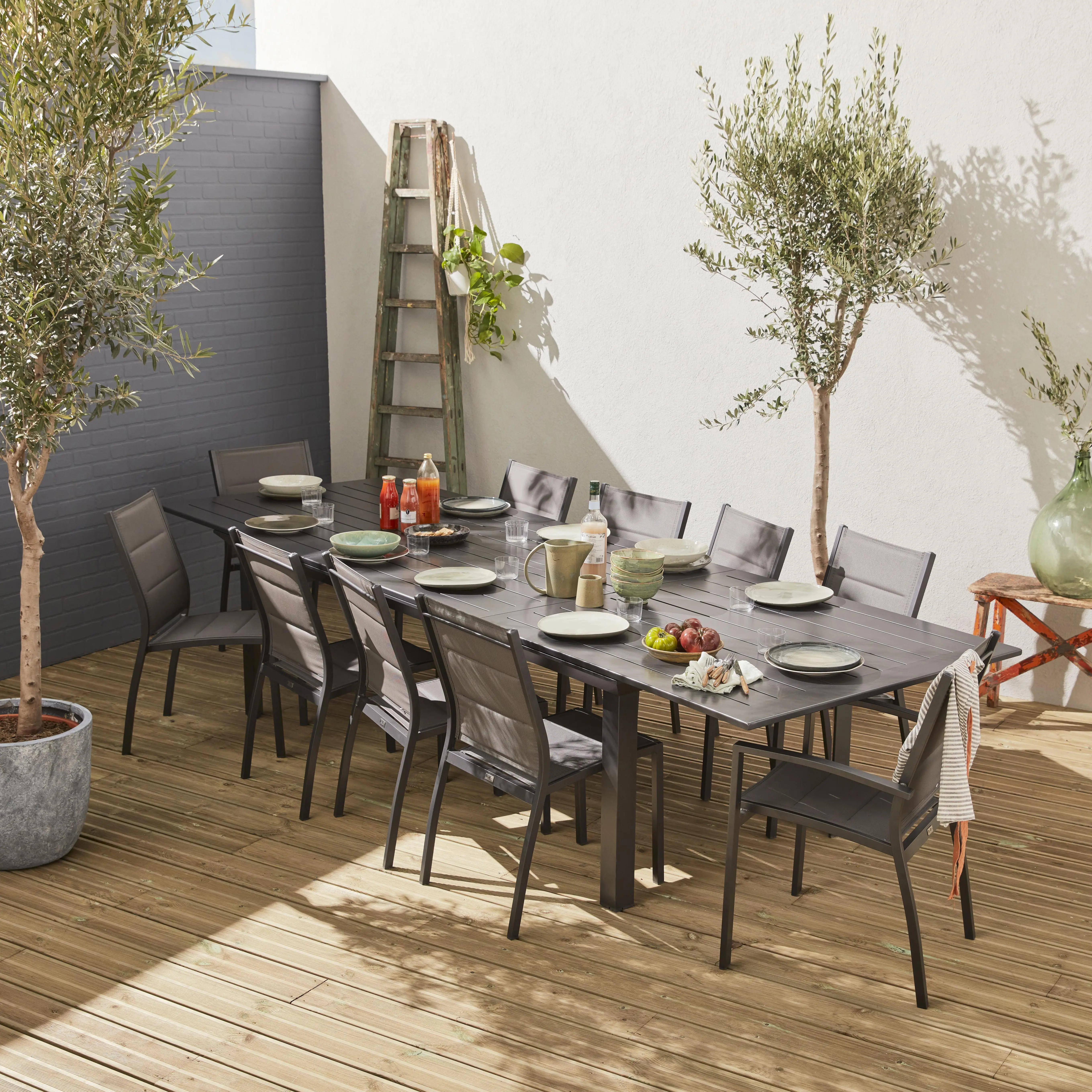 Table de jardin extensible aluminium + 10 assises